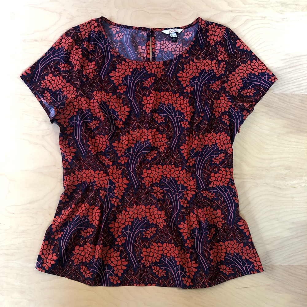 Vintage Red and Navy Flaired Asian Floral Blouse Softgirl whimsical